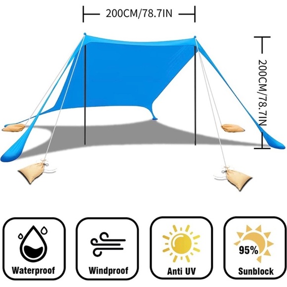 Beach Tent Sun Shelter UPF50+ Stability Poles Outdoor Shade Sky Blue 7.5x7.5FT - Picture 4 of 7
